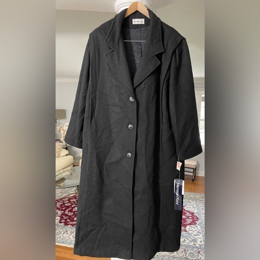 Herman Kay women’s long black 70% wool coat with details size 18